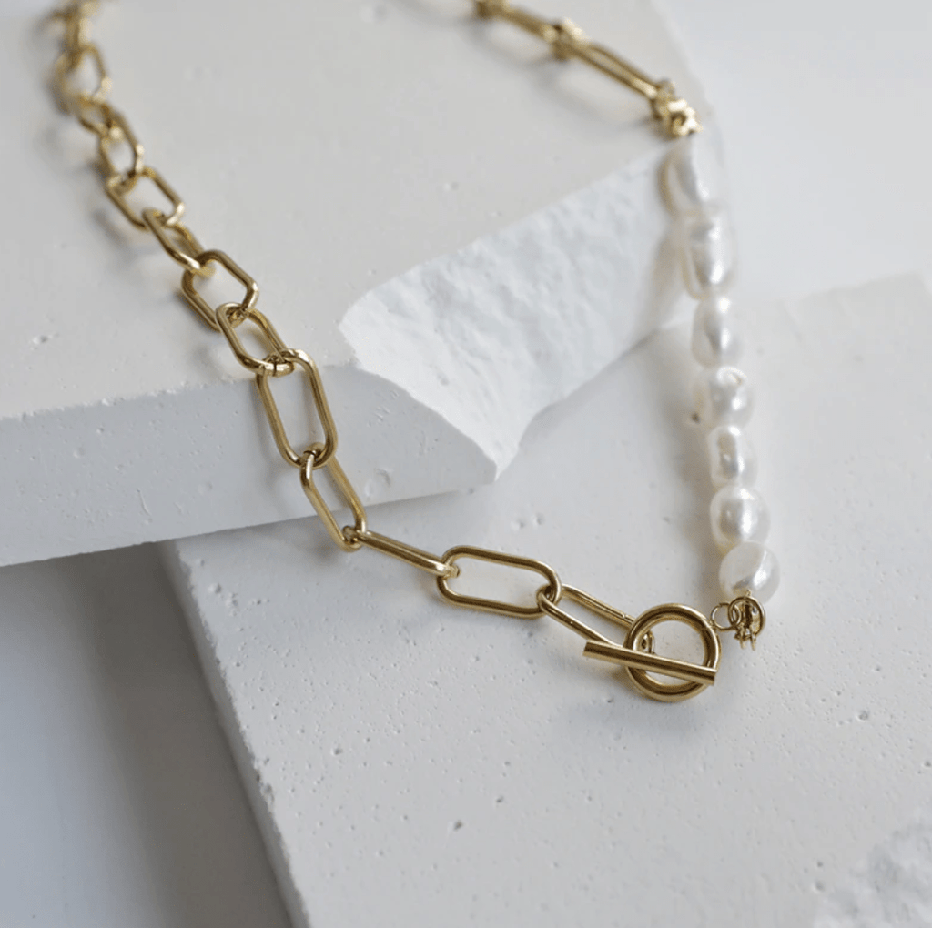 melomelo Beaux - Half Pearl Half Link Chain Necklace